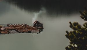 Preview wallpaper house, lake, forest, fog