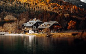 Preview wallpaper house, lake, forest, autumn, landscape