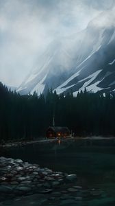 Preview wallpaper house, lake, forest, mountain, art