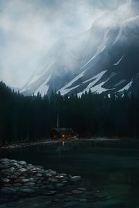 Preview wallpaper house, lake, forest, mountain, art