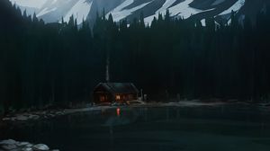 Preview wallpaper house, lake, forest, mountain, art