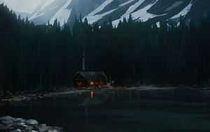 Preview wallpaper house, lake, forest, mountain, art