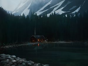 Preview wallpaper house, lake, forest, mountain, art