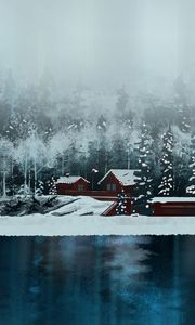 Preview wallpaper house, lake, forest, snow, winter, art