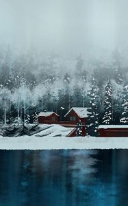 Preview wallpaper house, lake, forest, snow, winter, art