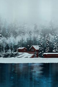 Preview wallpaper house, lake, forest, snow, winter, art