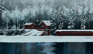 Preview wallpaper house, lake, forest, snow, winter, art