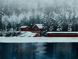 Preview wallpaper house, lake, forest, snow, winter, art