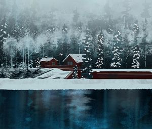 Preview wallpaper house, lake, forest, snow, winter, art