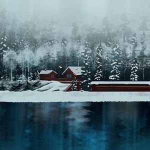 Preview wallpaper house, lake, forest, snow, winter, art