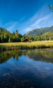 Preview wallpaper house, lake, meadow, landscape, mountains