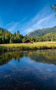 Preview wallpaper house, lake, meadow, landscape, mountains