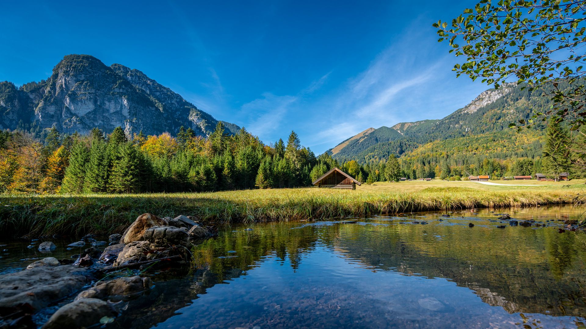 Download Wallpaper 1920x1080 House, Lake, Meadow, Landscape, Mountains 