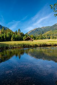 Preview wallpaper house, lake, meadow, landscape, mountains