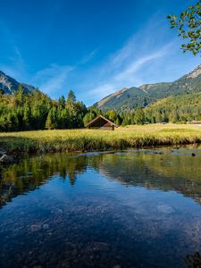 Preview wallpaper house, lake, meadow, landscape, mountains