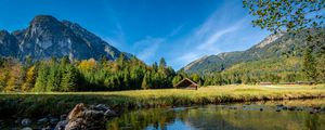 Preview wallpaper house, lake, meadow, landscape, mountains