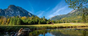 Preview wallpaper house, lake, meadow, landscape, mountains