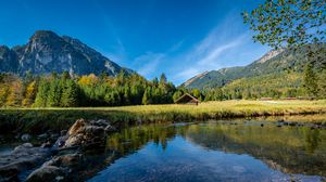 Preview wallpaper house, lake, meadow, landscape, mountains