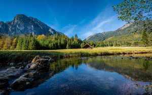 Preview wallpaper house, lake, meadow, landscape, mountains