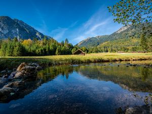 Preview wallpaper house, lake, meadow, landscape, mountains