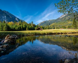 Preview wallpaper house, lake, meadow, landscape, mountains