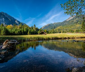 Preview wallpaper house, lake, meadow, landscape, mountains