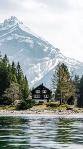 Preview wallpaper house, lake, mountain, trees, shore, landscape