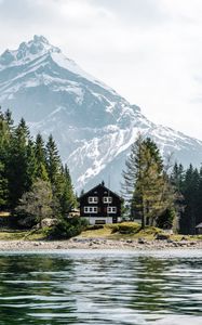 Preview wallpaper house, lake, mountain, trees, shore, landscape