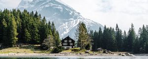 Preview wallpaper house, lake, mountain, trees, shore, landscape