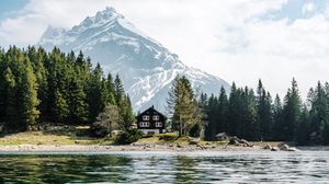 Preview wallpaper house, lake, mountain, trees, shore, landscape