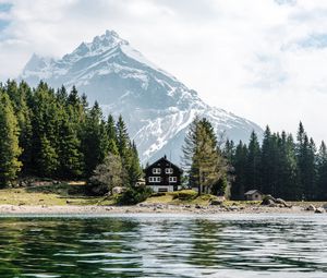 Preview wallpaper house, lake, mountain, trees, shore, landscape