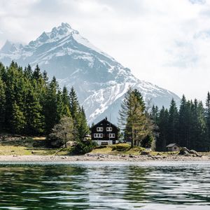 Preview wallpaper house, lake, mountain, trees, shore, landscape