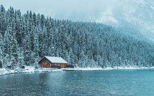 Preview wallpaper house, lake, mountains, winter