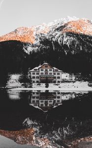 Preview wallpaper house, lake, mountains, landscape, reflection