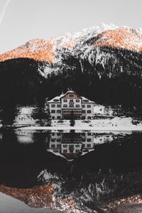 Preview wallpaper house, lake, mountains, landscape, reflection