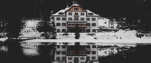 Preview wallpaper house, lake, mountains, landscape, reflection