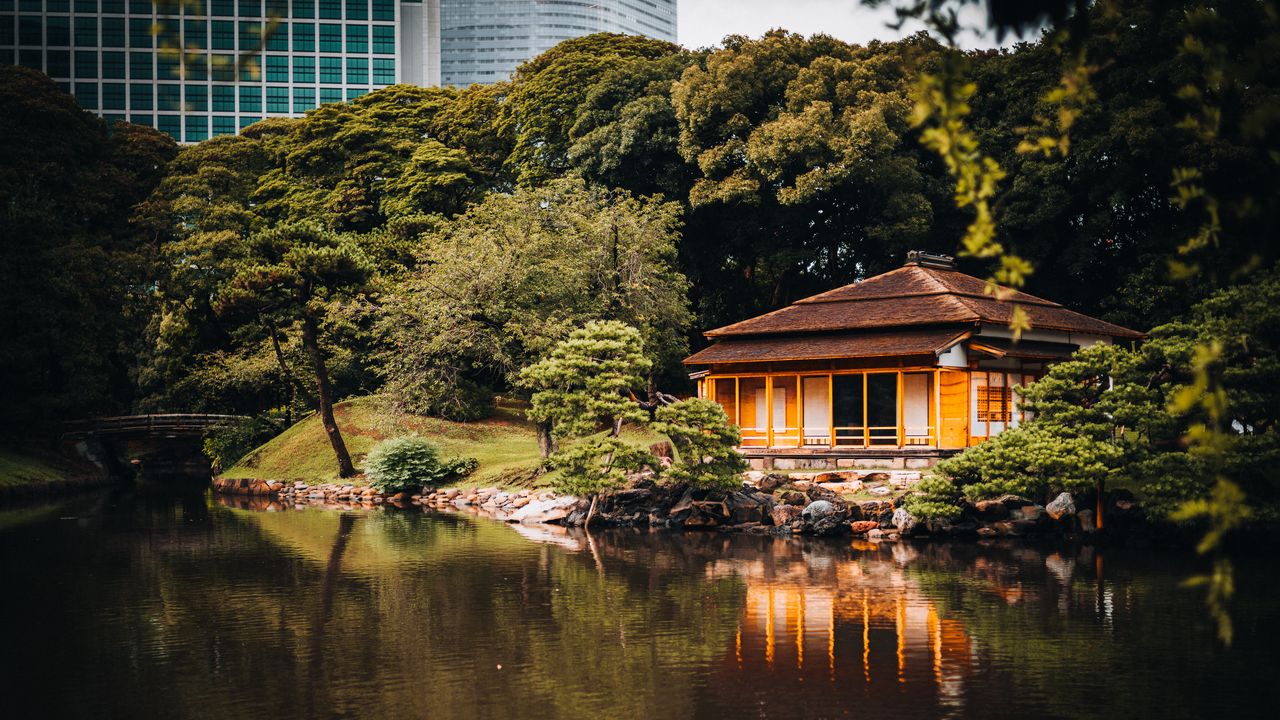 Wallpaper house, lake, reflection, trees, asia