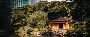 Preview wallpaper house, lake, reflection, trees, asia