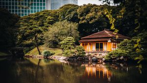 Preview wallpaper house, lake, reflection, trees, asia