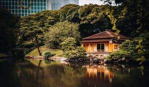 Preview wallpaper house, lake, reflection, trees, asia