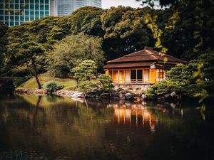 Preview wallpaper house, lake, reflection, trees, asia