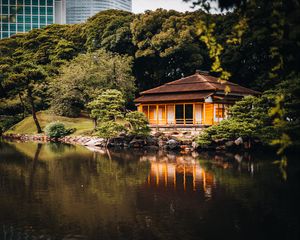 Preview wallpaper house, lake, reflection, trees, asia