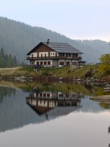 Preview wallpaper house, lake, reflection, forest, view