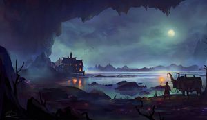 Preview wallpaper house, lake, rocks, night, art