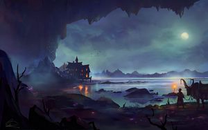 Preview wallpaper house, lake, rocks, night, art