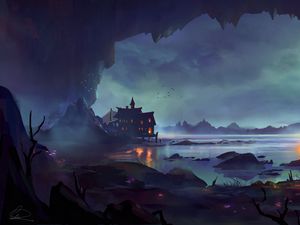 Preview wallpaper house, lake, rocks, night, art