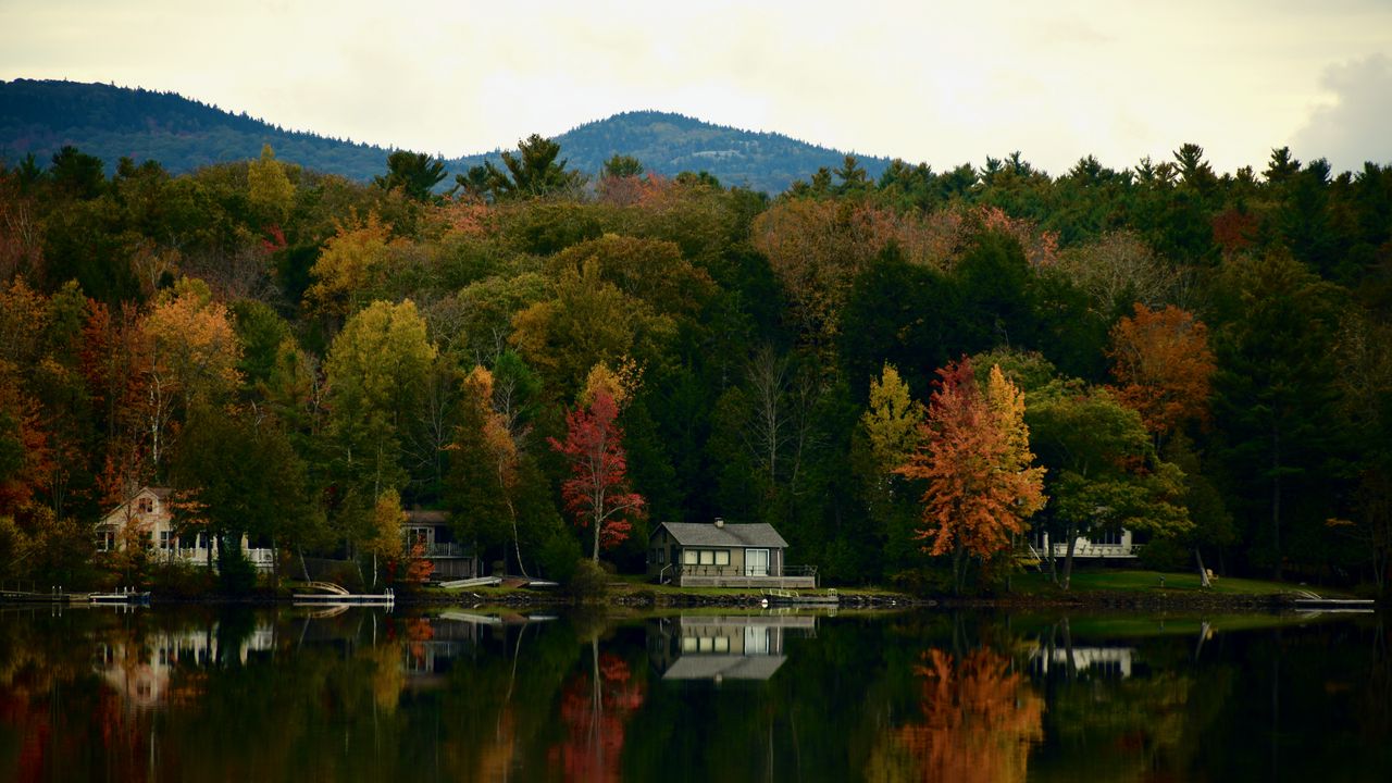 Wallpaper house, lake, trees, autumn, reflection, landscape