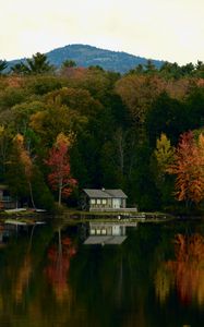 Preview wallpaper house, lake, trees, autumn, reflection, landscape
