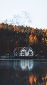 Preview wallpaper house, lake, trees, mountain, nature