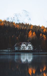 Preview wallpaper house, lake, trees, mountain, nature